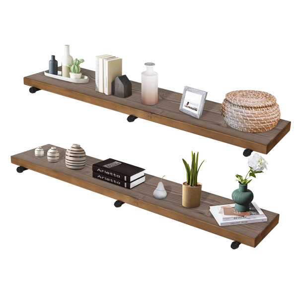 Loon Peak® 60" Industrial Rustic Wood Wall Shelf Espresso Real Wooden Shelving 2 Set Wayfair